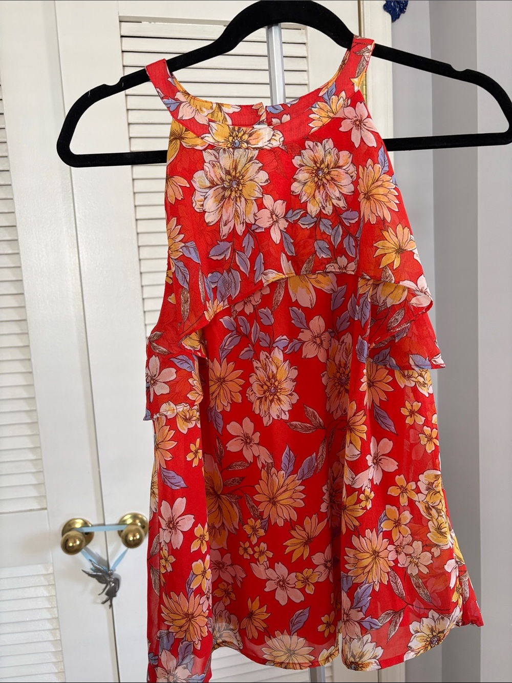 Collective Concepts Red Floral Ruffle Halter Tank